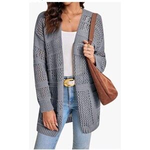 Grey Oversized Crochet Cardigan – Women’s Small, Cozy Boho Layering Sweater NEW
